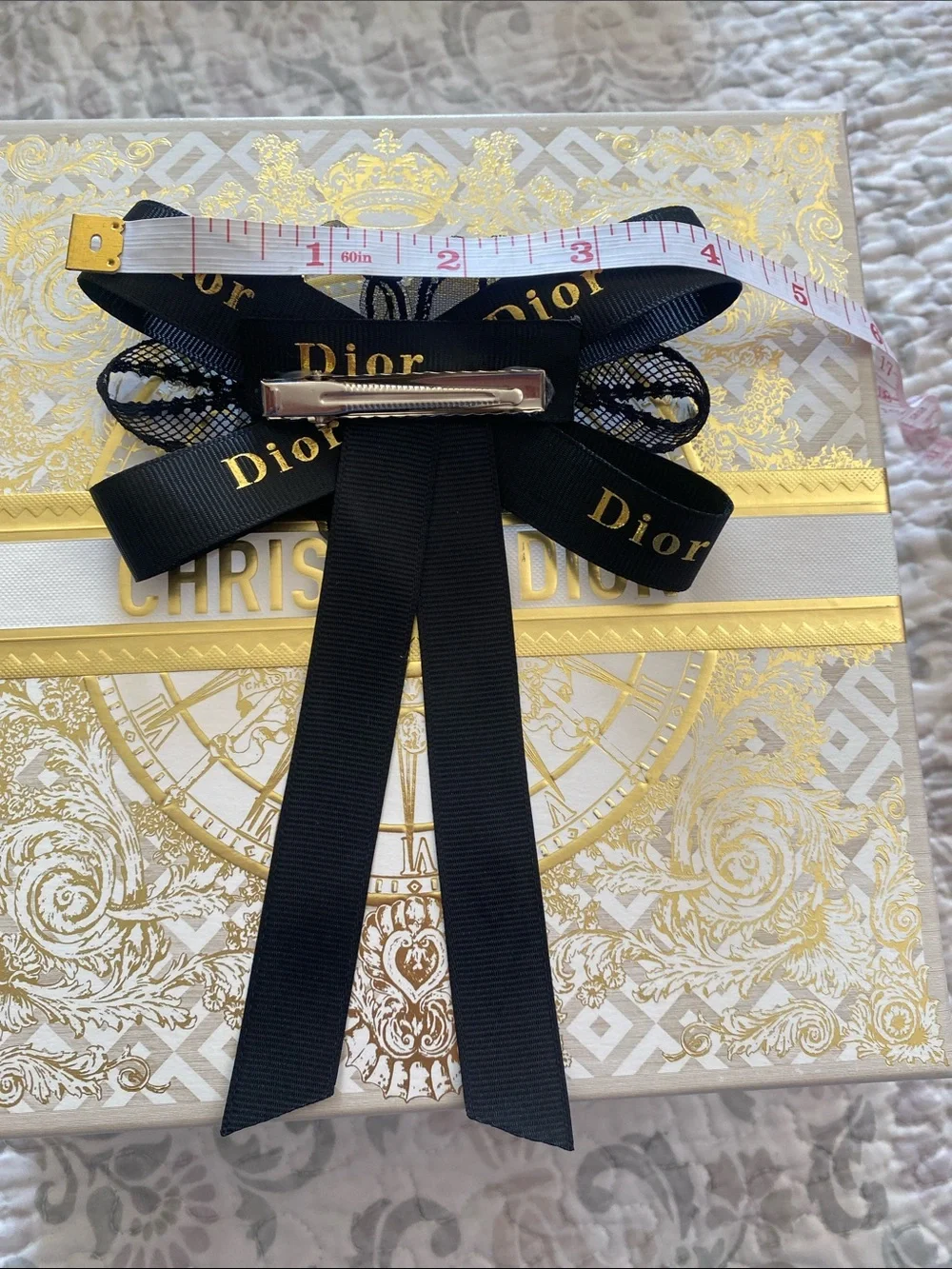 Dior Black Ribbon Brooch with Gold Logo and Pearl Floral Center Hairclip handmad